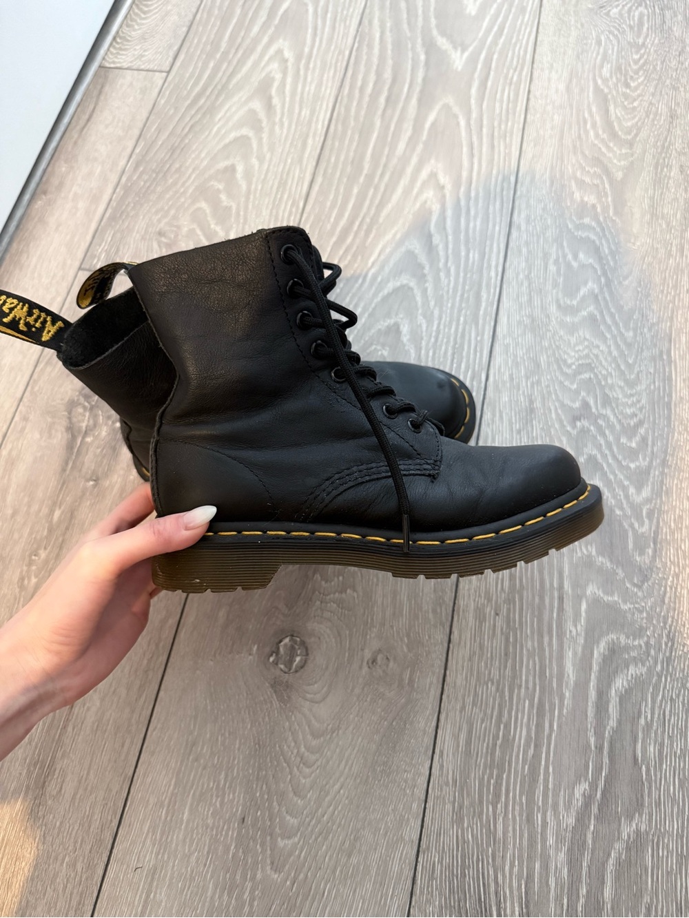 Dr. Martens Black Leather Lace-Up Ankle Boots with Yellow Heel Loop